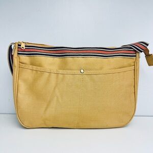 Vintage Tan Canvas Shoulder Bag with Stripe Detail